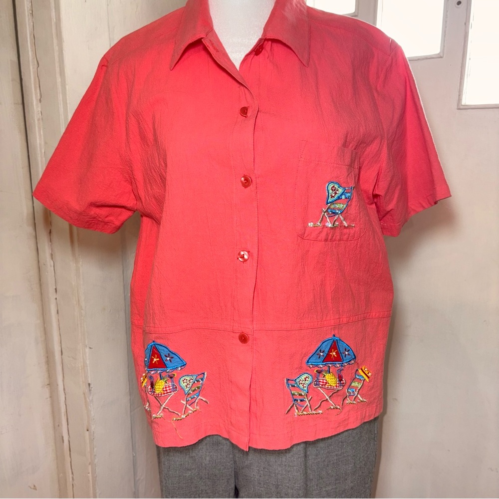 Vintage Coral Embroidered Button Up Shirt Beach Theme Cotton Blouse Large